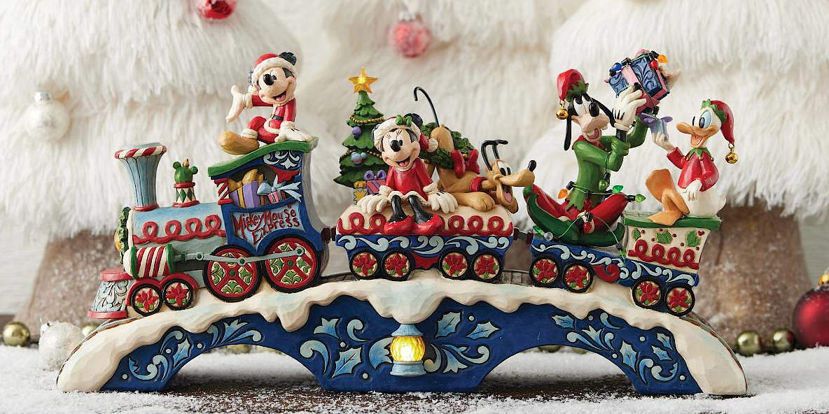 Jim Shore Disney Traditions Figur Mickey Mouse Express Weihnachtszug auf beleuchteter Brücke mit Minnie Goofy und Donald handbemalt